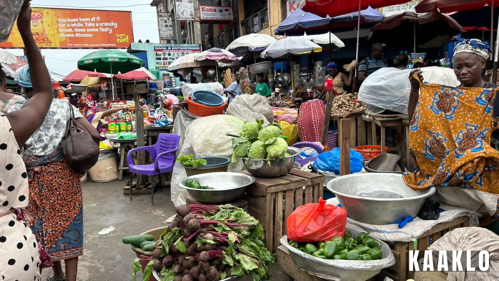 Fresh vegetables on display at a Makola Market stall in Accra.