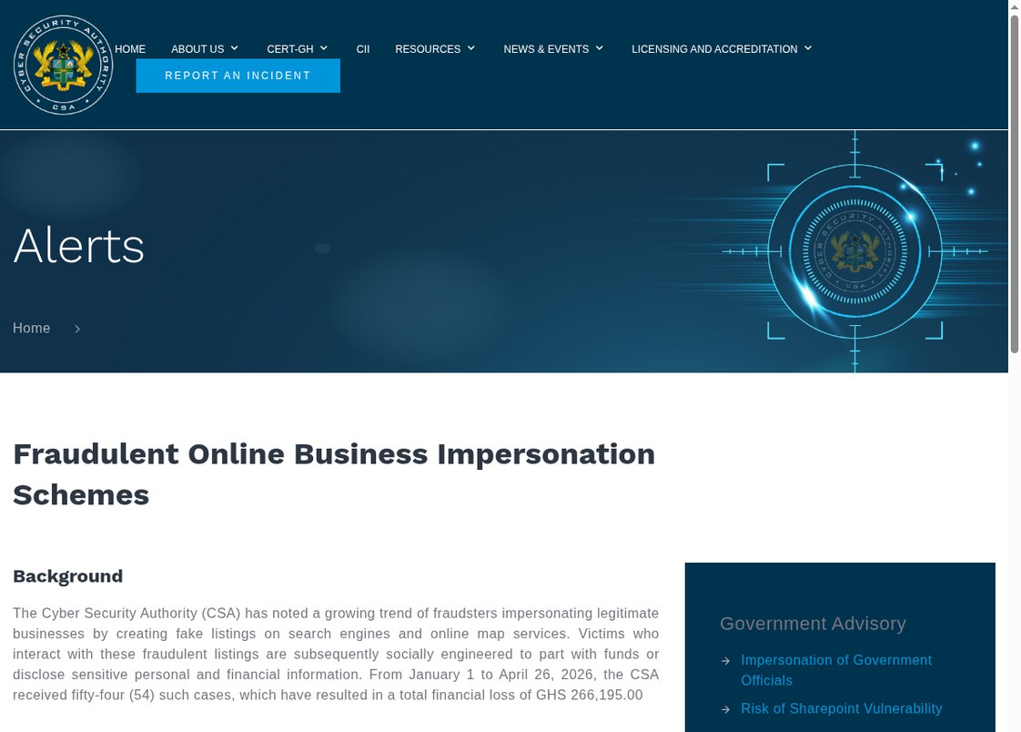Screenshot of the Cyber Security Authority alert on fraudulent online business impersonation schemes.