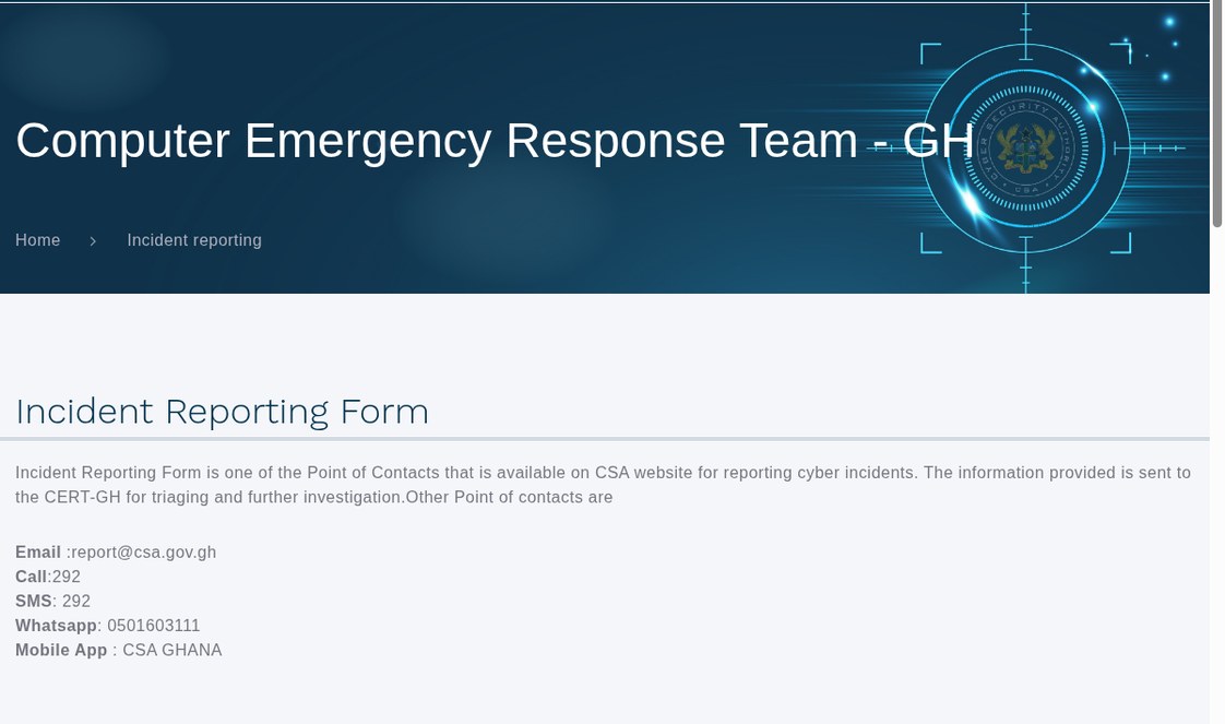 Screenshot of the CSA incident reporting page listing its contact channels.