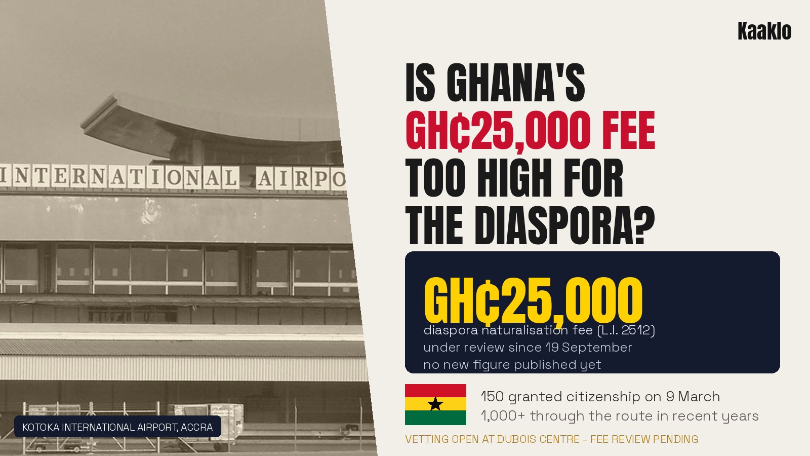Headline card: Is Ghana's GH₵25,000 fee too high for the diaspora? Beside a sepia photo of Kotoka International Airport in Accra, the fee, 150 granted on 9 March, and the Ghana flag.