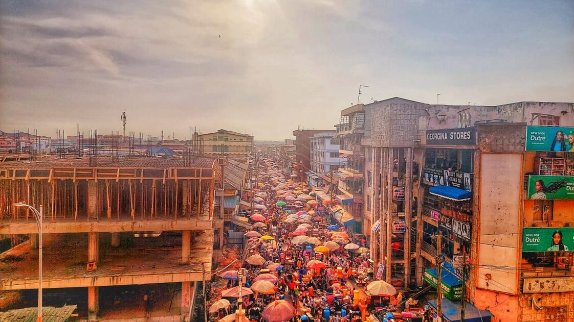 Shoppers and stalls on a typical day at Makola Market in Accra.