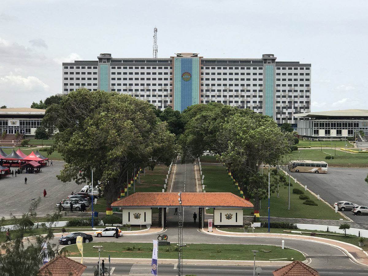The entrance to Parliament House in Accra, with the Job 600 office block behind it.