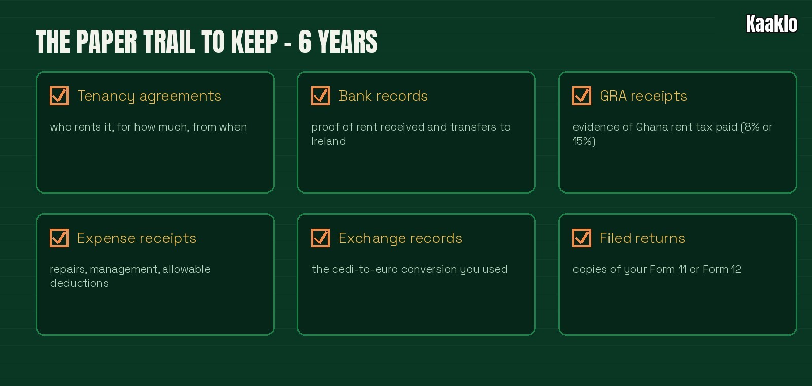 Checklist of records to keep for six years: tenancy agreements, bank records, GRA receipts, expense receipts, exchange records, filed returns.