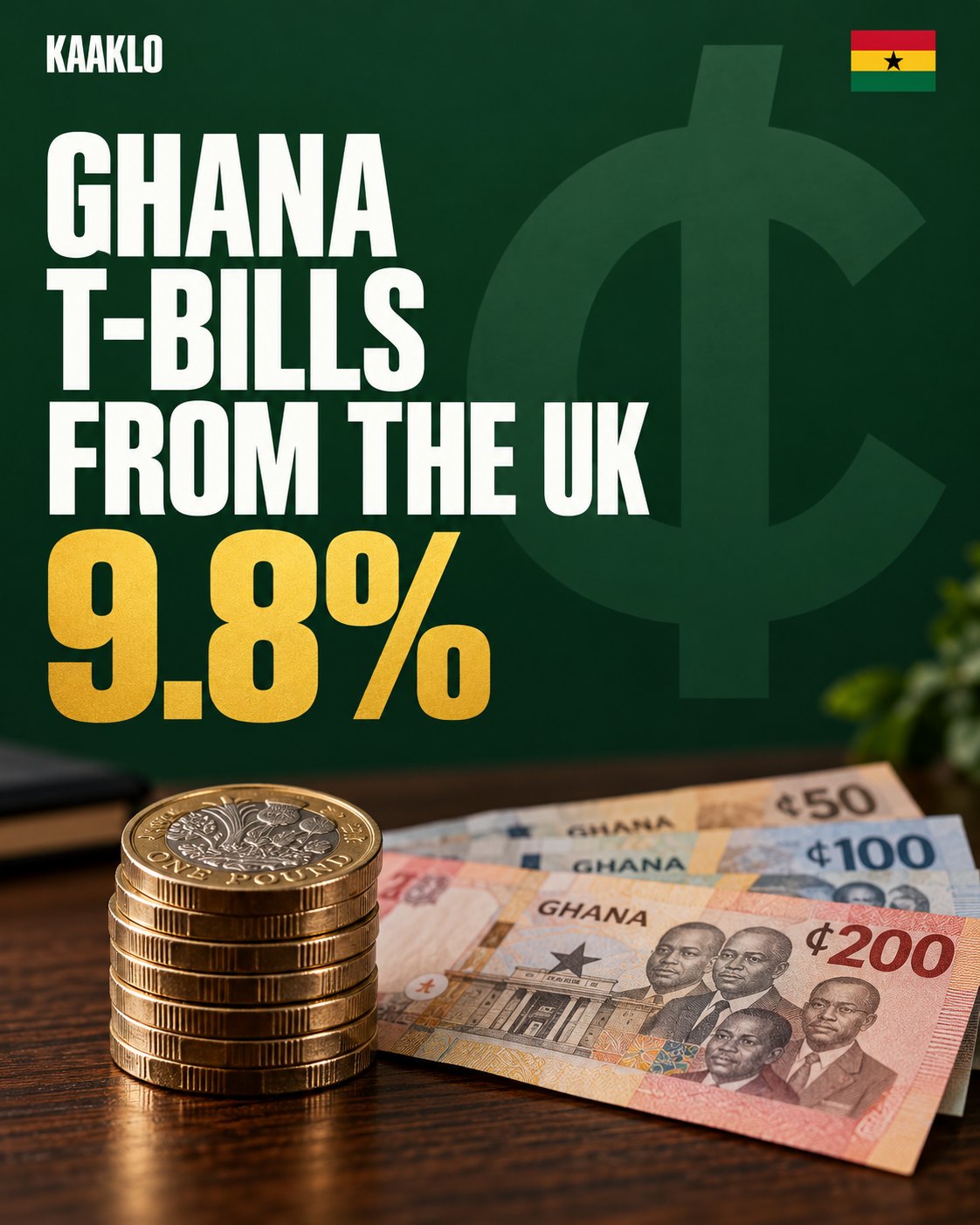 Kaaklo graphic of British pound coins and Ghana cedi banknotes with the message: Ghana T-bills from the UK, 9.8%.