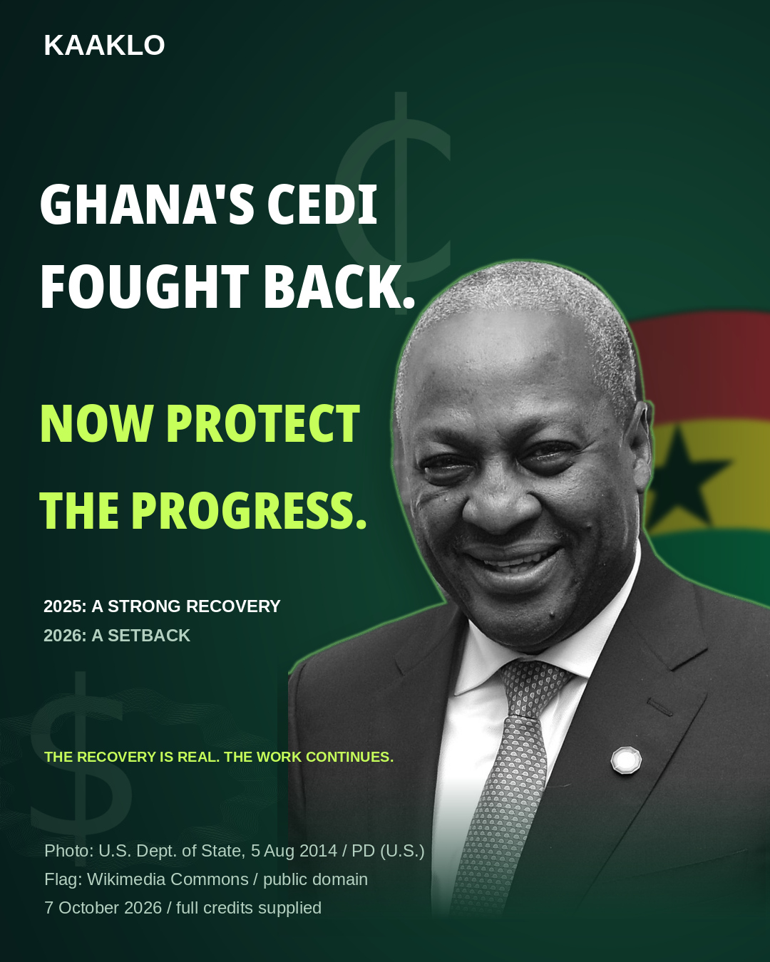 Kaaklo graphic with a portrait, Ghana flag and the message: Ghana's cedi fought back. Now protect the progress. 2025: a strong recovery; 2026: a setback.