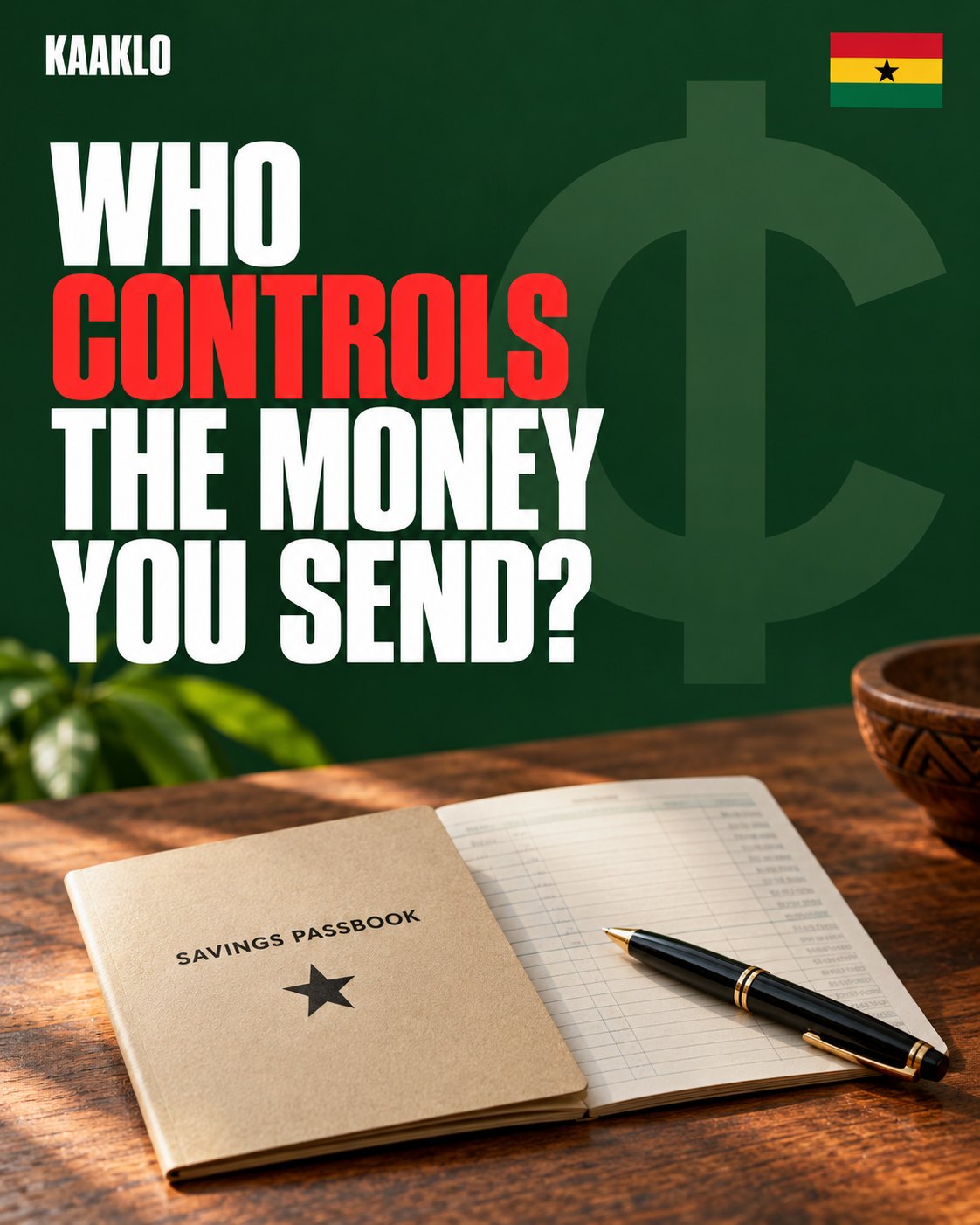 Kaaklo graphic of a Ghanaian bank savings passbook and pen with the message: Who controls the money you send?